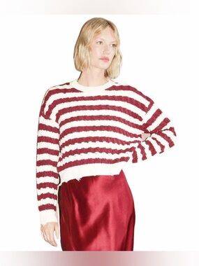LNA Devi Distressed Cable Knit Sweater - Ivory Burgundy Stripe